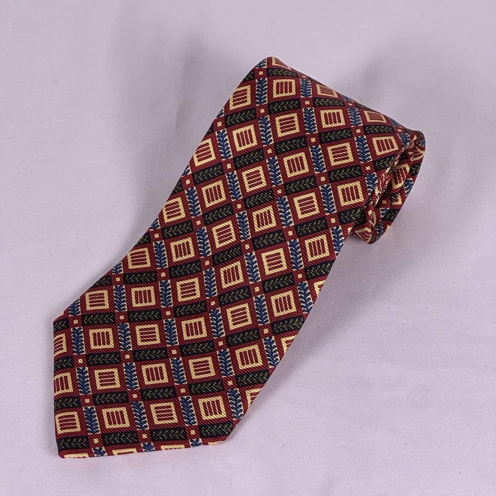 Paul Fredrick Silk Tie Vintage Red Gold Block Geometric Handmade in USA 4" W